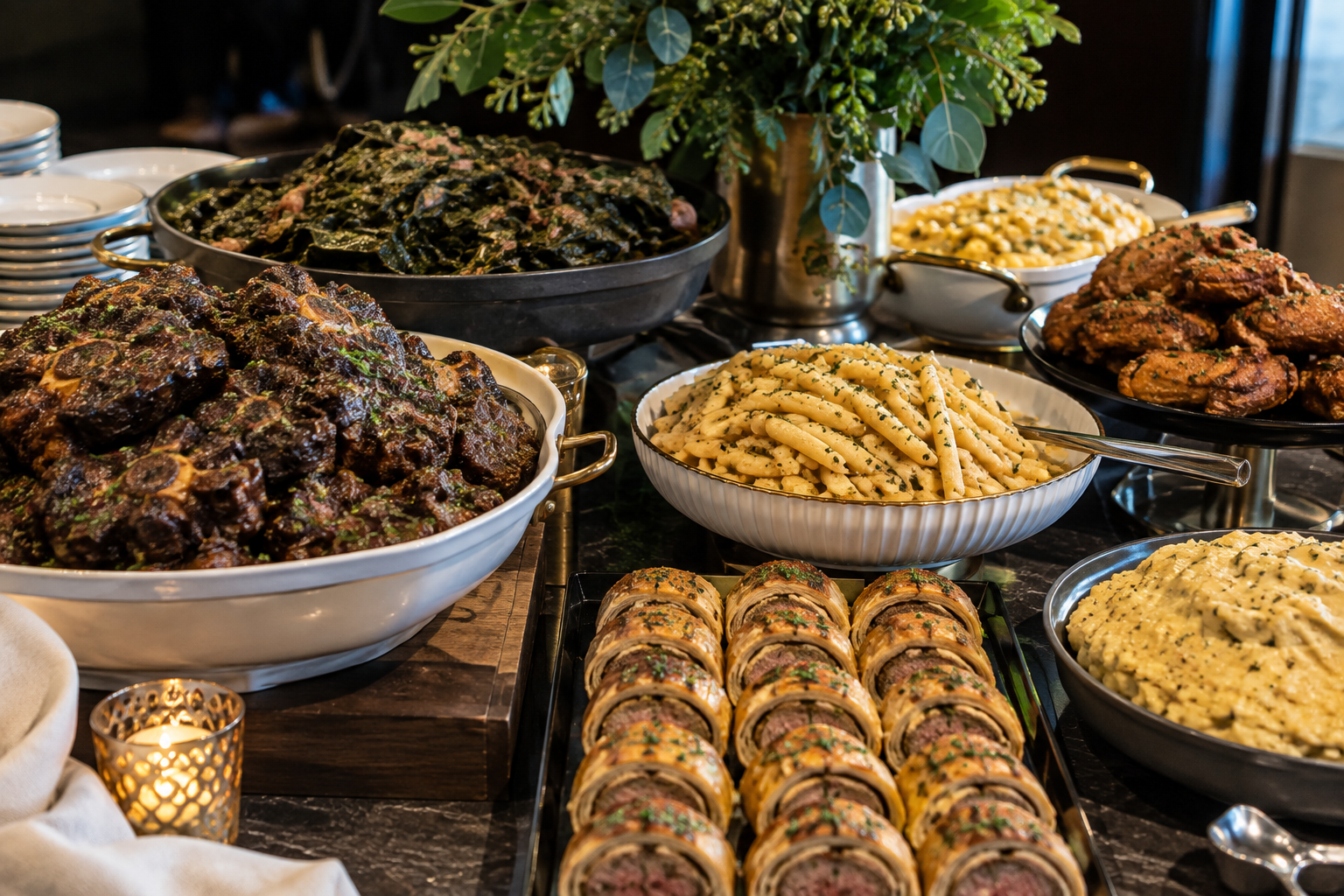 Chef-prepared buffet spread with elevated comfort food at Dinner Society Vibesgiving in Frisco, Texas