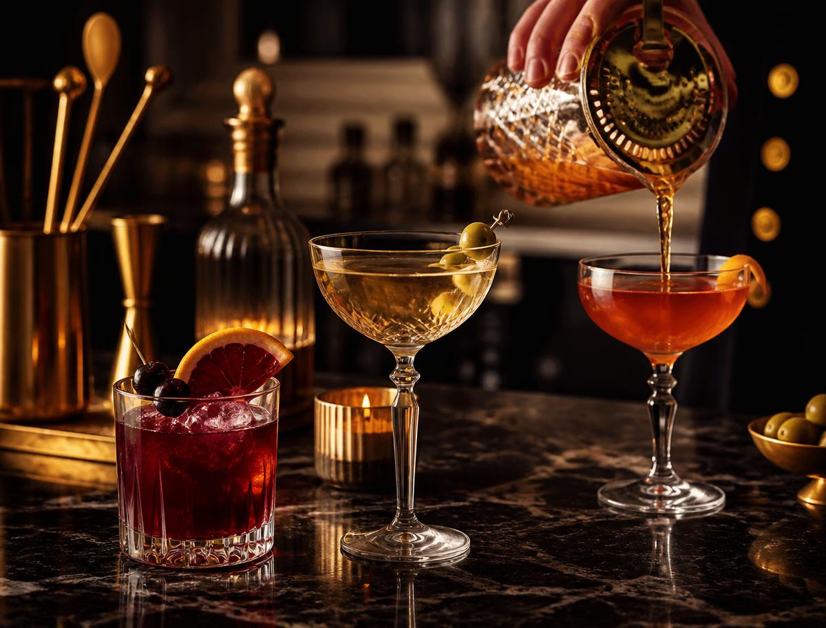 Specialty cocktails in crystal glassware on a dark marble bar with brass bar tools